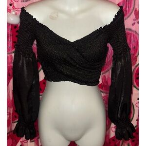 🖤 2 for $15 Smocked Off-Shoulder Crop Top with Puff Sleeves